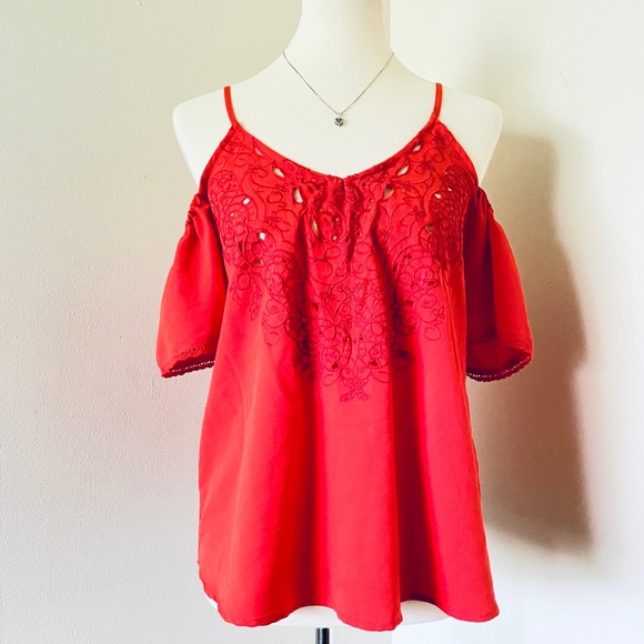 Eyeshadow Red ColdShoulder Eyelet Embroidered Tank - Picture 3 of 7